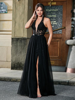 Halter Appliqued Corset High Slit Maxi Dress Black