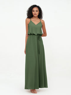 Spaghetti Staps V-neckline Chiffon Gowns-Olive Green