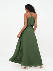 Spaghetti Staps V-neckline Chiffon Gowns-Olive Green