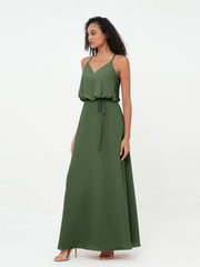Spaghetti Staps V-neckline Chiffon Gowns-Olive Green