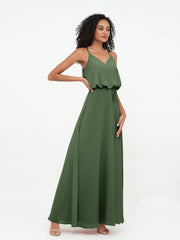 Spaghetti Staps V-neckline Chiffon Gowns-Olive Green