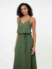 Spaghetti Staps V-neckline Chiffon Gowns-Olive Green