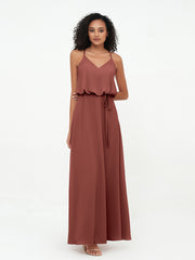 Spaghetti Staps V-neckline Chiffon Gowns-Terracotta