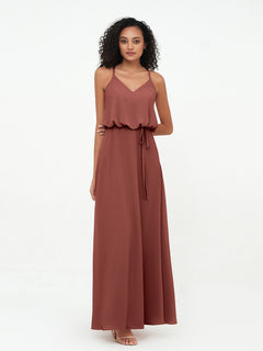 Spaghetti Staps V-neckline Chiffon Gowns-Terracotta