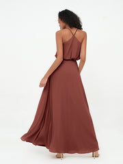 Spaghetti Staps V-neckline Chiffon Gowns-Terracotta
