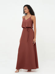 Spaghetti Staps V-neckline Chiffon Gowns-Terracotta