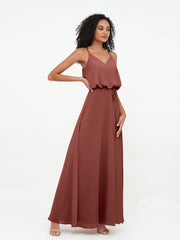 Spaghetti Staps V-neckline Chiffon Gowns-Terracotta
