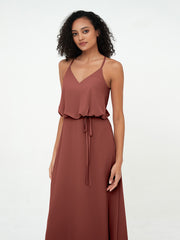 Spaghetti Staps V-neckline Chiffon Gowns-Terracotta