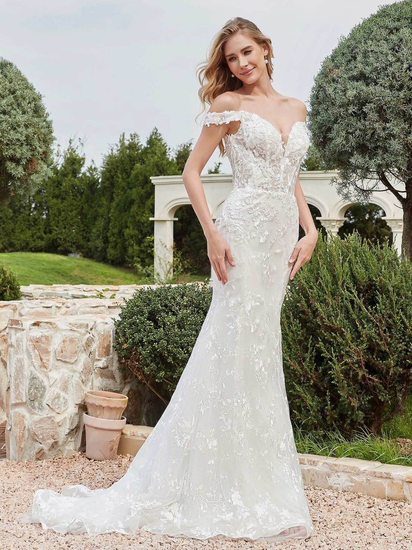 knee length dresses for ladies BABARONI Off-The-Shoulder Appliqued Sheath Lace Bridal Gown White, White / US0