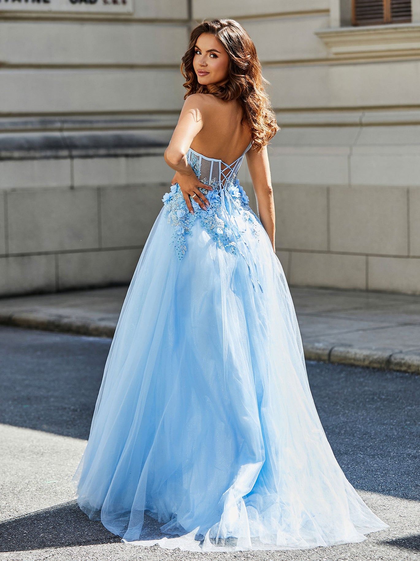 BABARONI Tulle Sky Blue Prom Dresses A-line Sleeveless Appliqued With Slit  Lace Ruched Floral