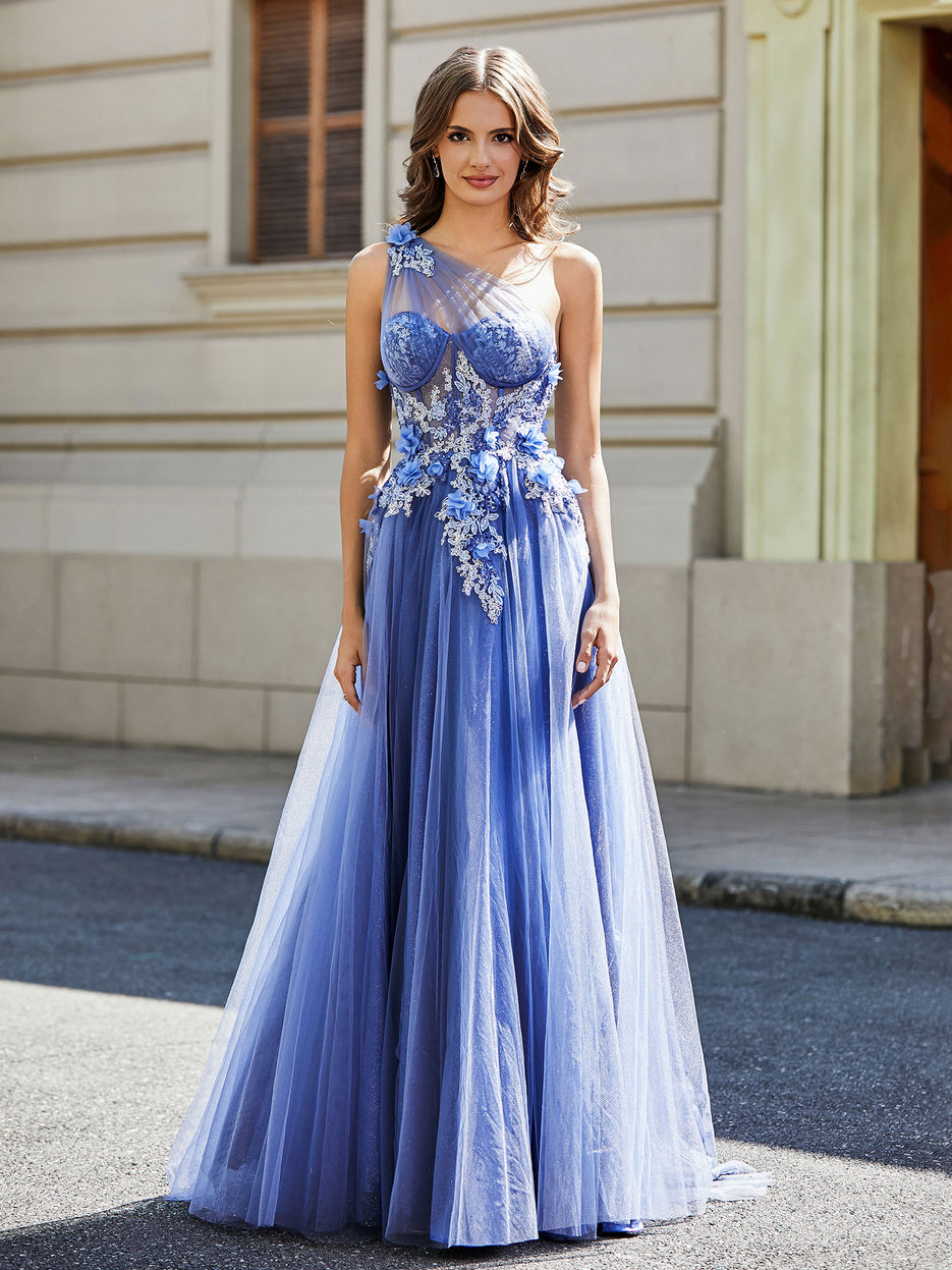 Off Shoulder Applique Long Sleeves Tulle Slit Dress Stormy main image 1