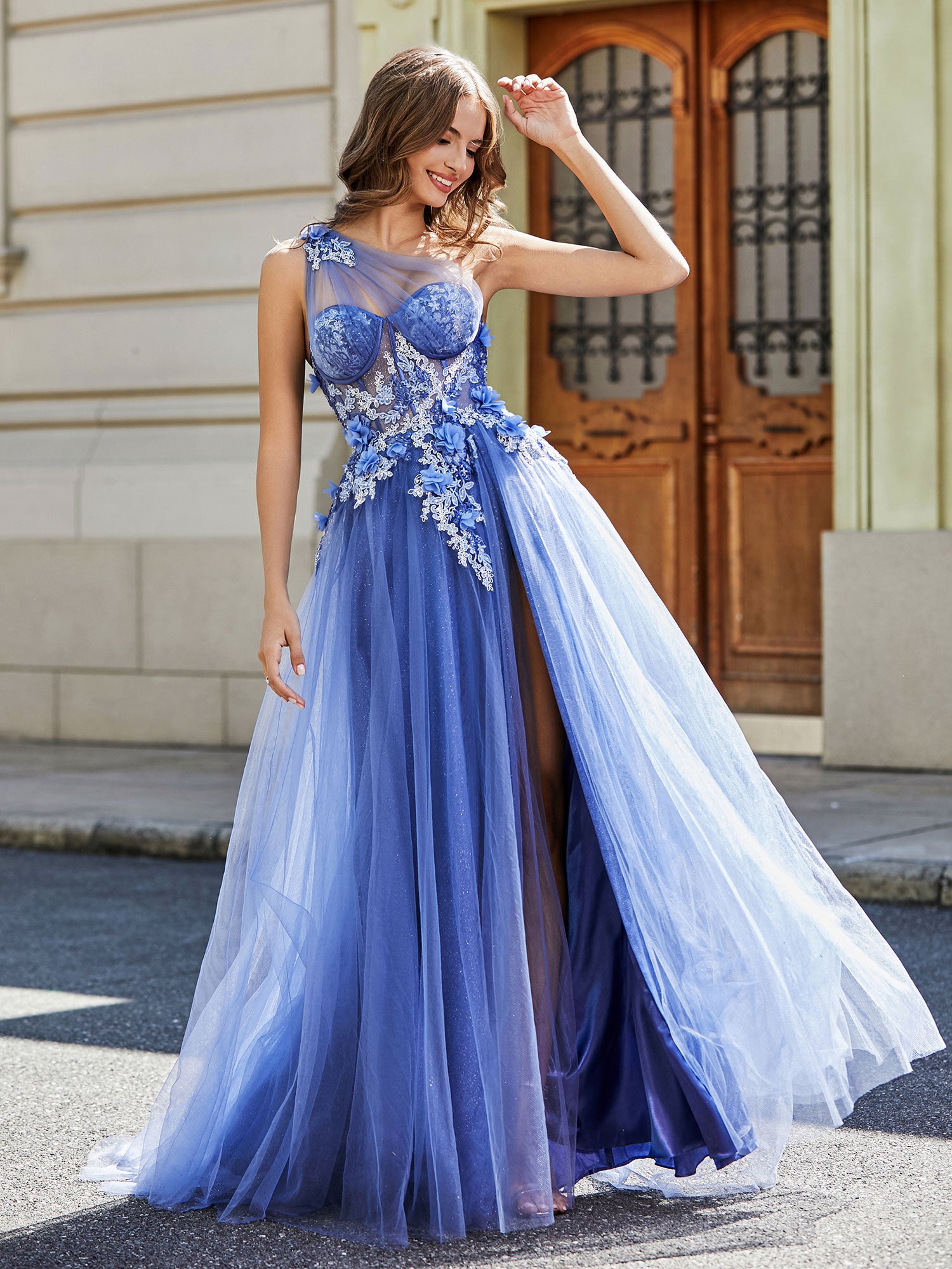 Off Shoulder Applique Long Sleeves Tulle Slit Dress Wisteria main image 0