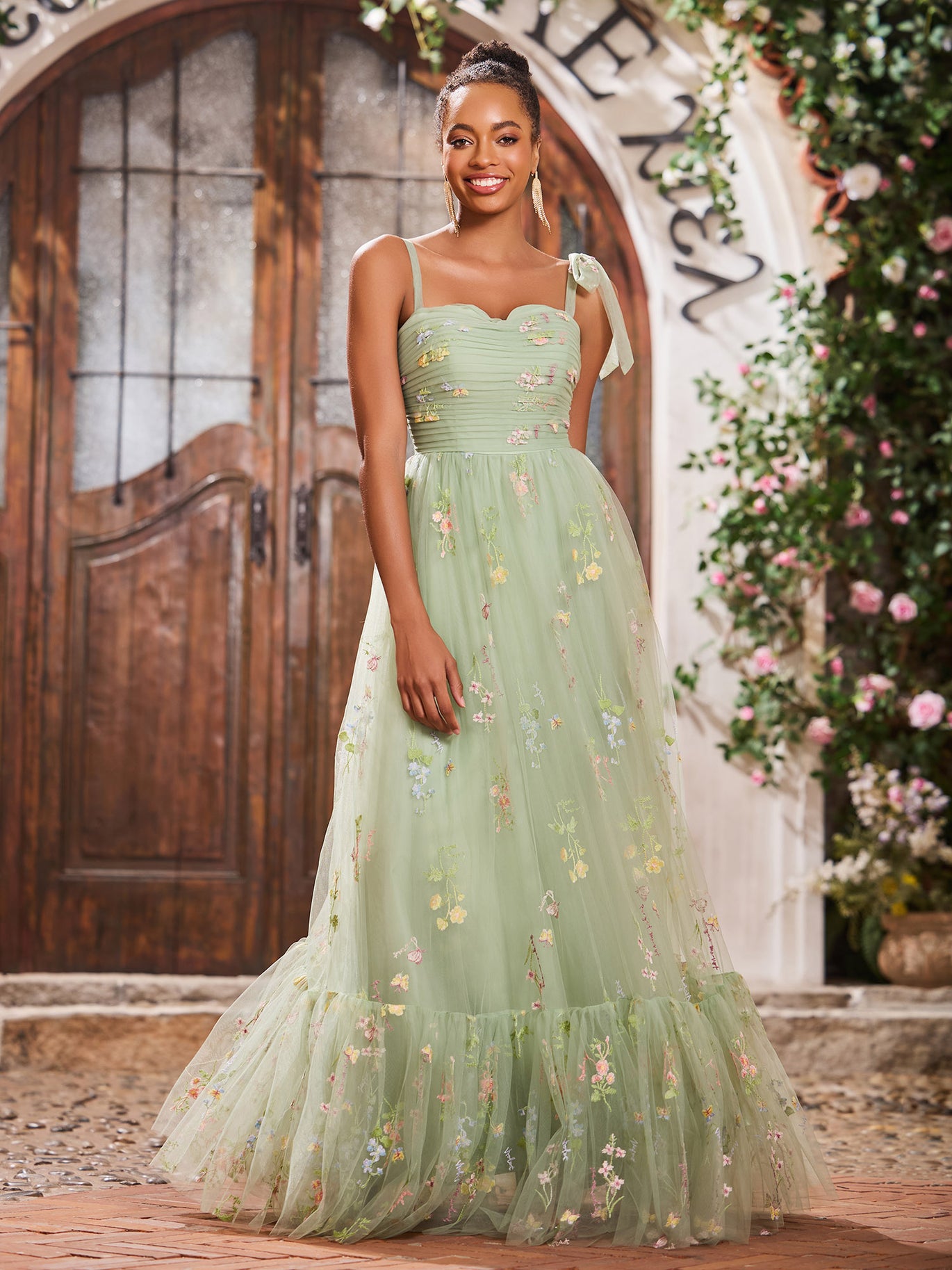 strapless open back dress Strapless Long Floral-print Prom Dress with Ruffles Blue / 6 main image 0