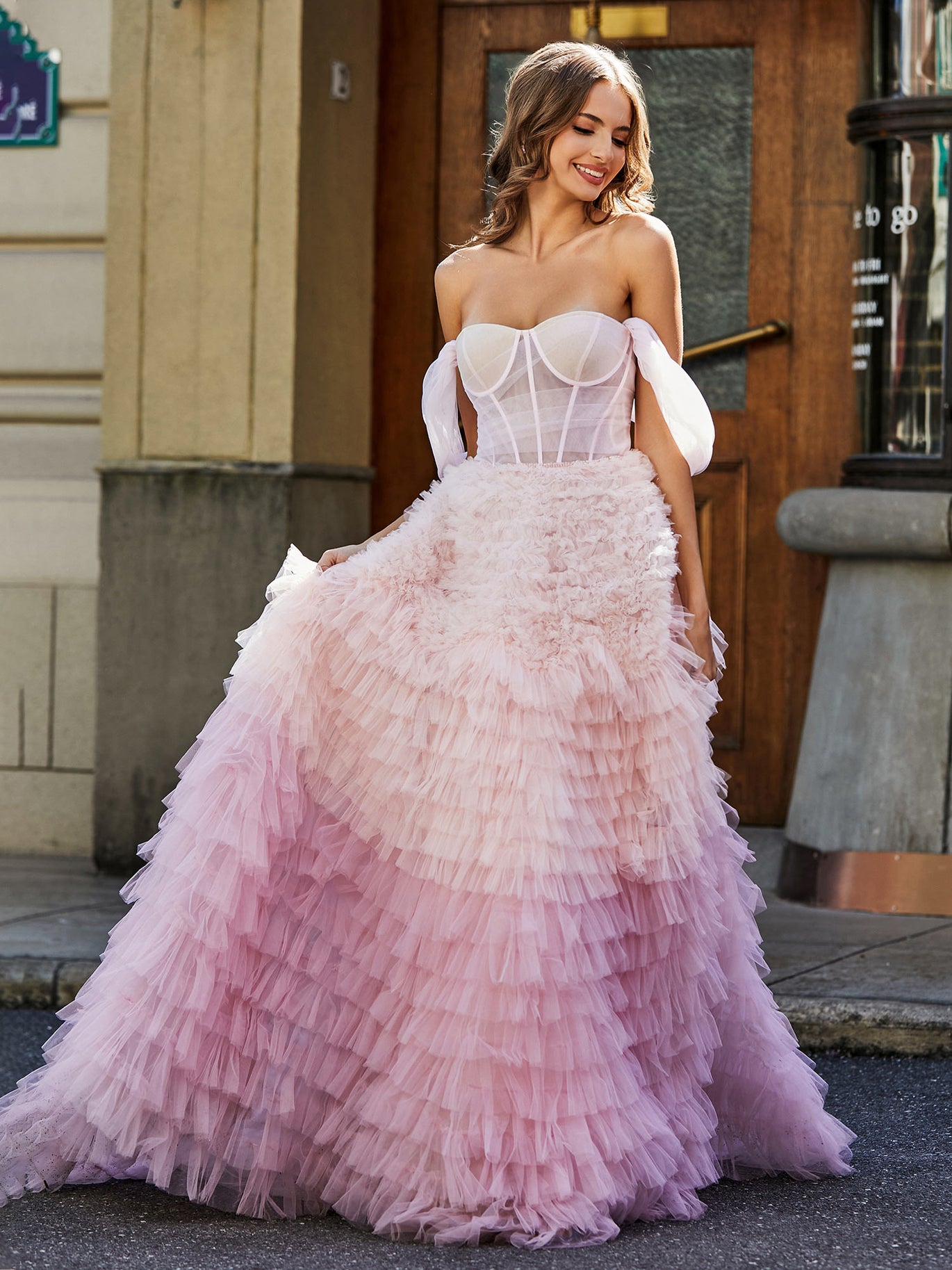 pink tulle dress Bean long prom dress, A line tulle formal evening toptby this dress is perfect for any formal event or enchanting evening A-line Tulle Floral Lace Pink