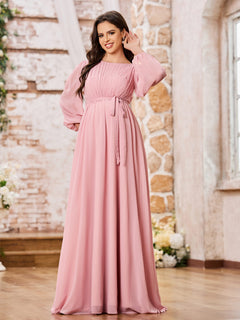 A-line Empire Waist Long Sleeves Chiffon Dresses with Bow Dusty Rose