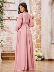 A-line Empire Waist Long Sleeves Chiffon Dresses with Bow Dusty Rose