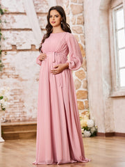 A-line Empire Waist Long Sleeves Chiffon Dresses with Bow Dusty Rose