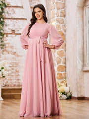 A-line Empire Waist Long Sleeves Chiffon Dresses with Bow Dusty Rose