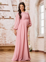 A-line Empire Waist Long Sleeves Chiffon Dresses with Bow Dusty Rose