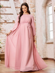 A-line Empire Waist Long Sleeves Chiffon Dresses with Bow Dusty Rose