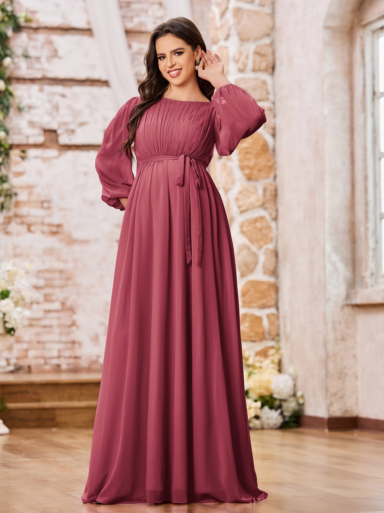 Rhinestone Scoop Neck Chiffon Long Dress Cinnamon Rose main image 1