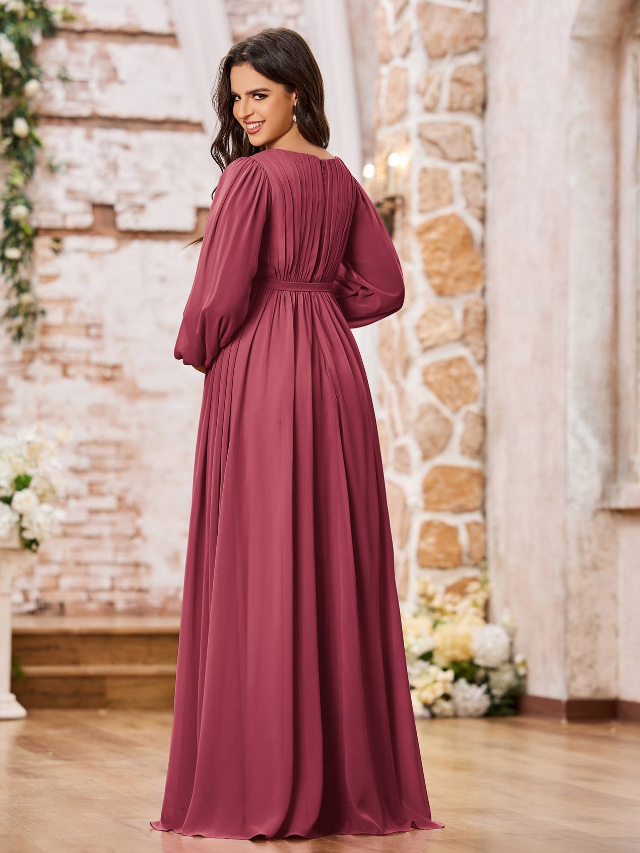 Illusion Neckline Half Sleeve Chiffon Dress Cinnamon Rose main image 1