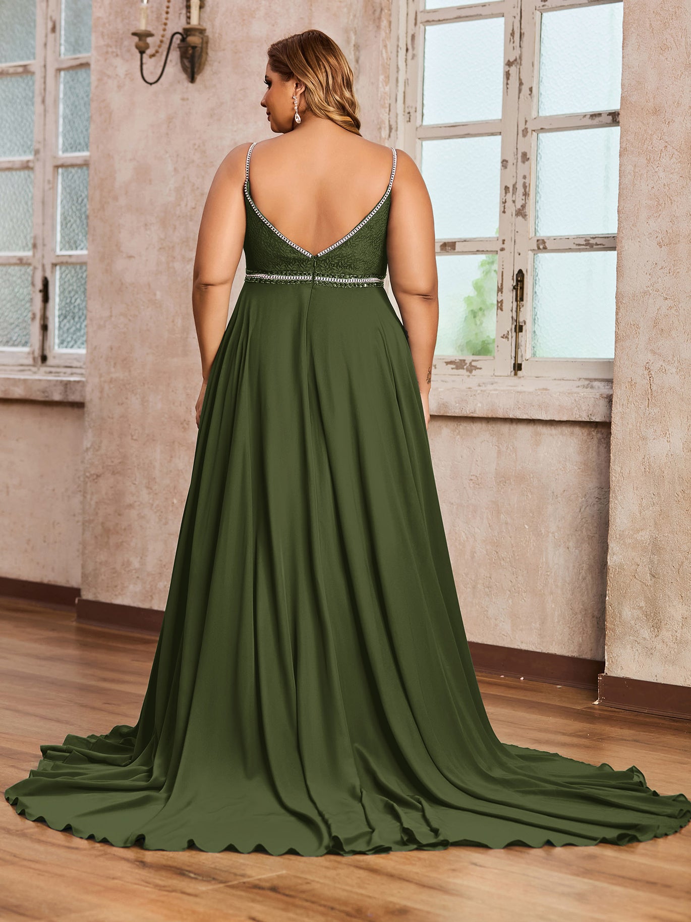 olive green 2 piece dress BABARONI BABARONI Chiffon Olive Green Bridesmaid Dresses V-neck Sweep/Brush Train Backless Straps Beaded A-line, Olive Green / US18