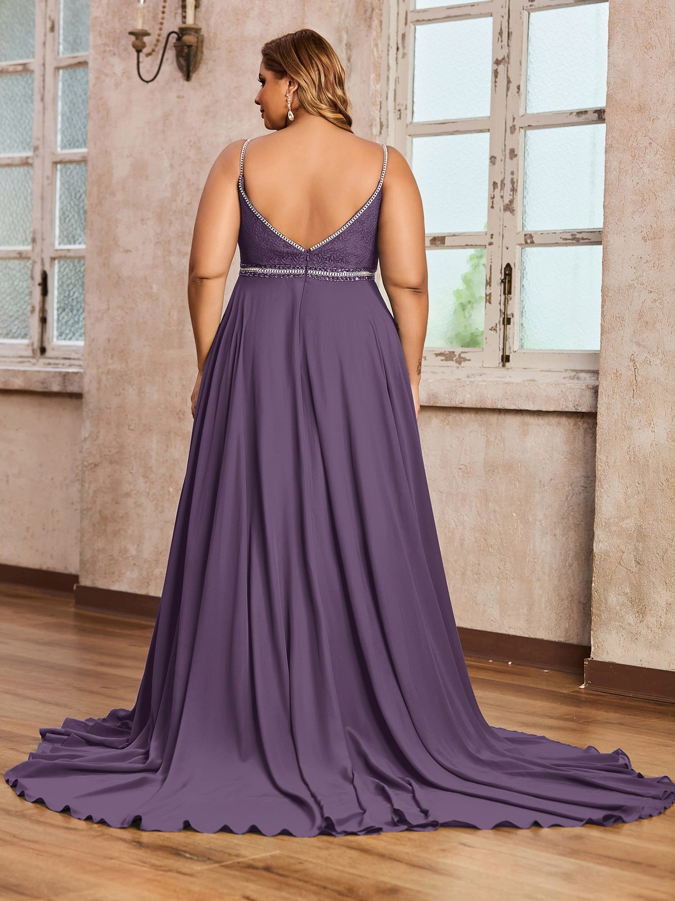 BABARONI Spaghetti Strap Lace and Chiffon Gown-Plum Plus Size, Plum / US18