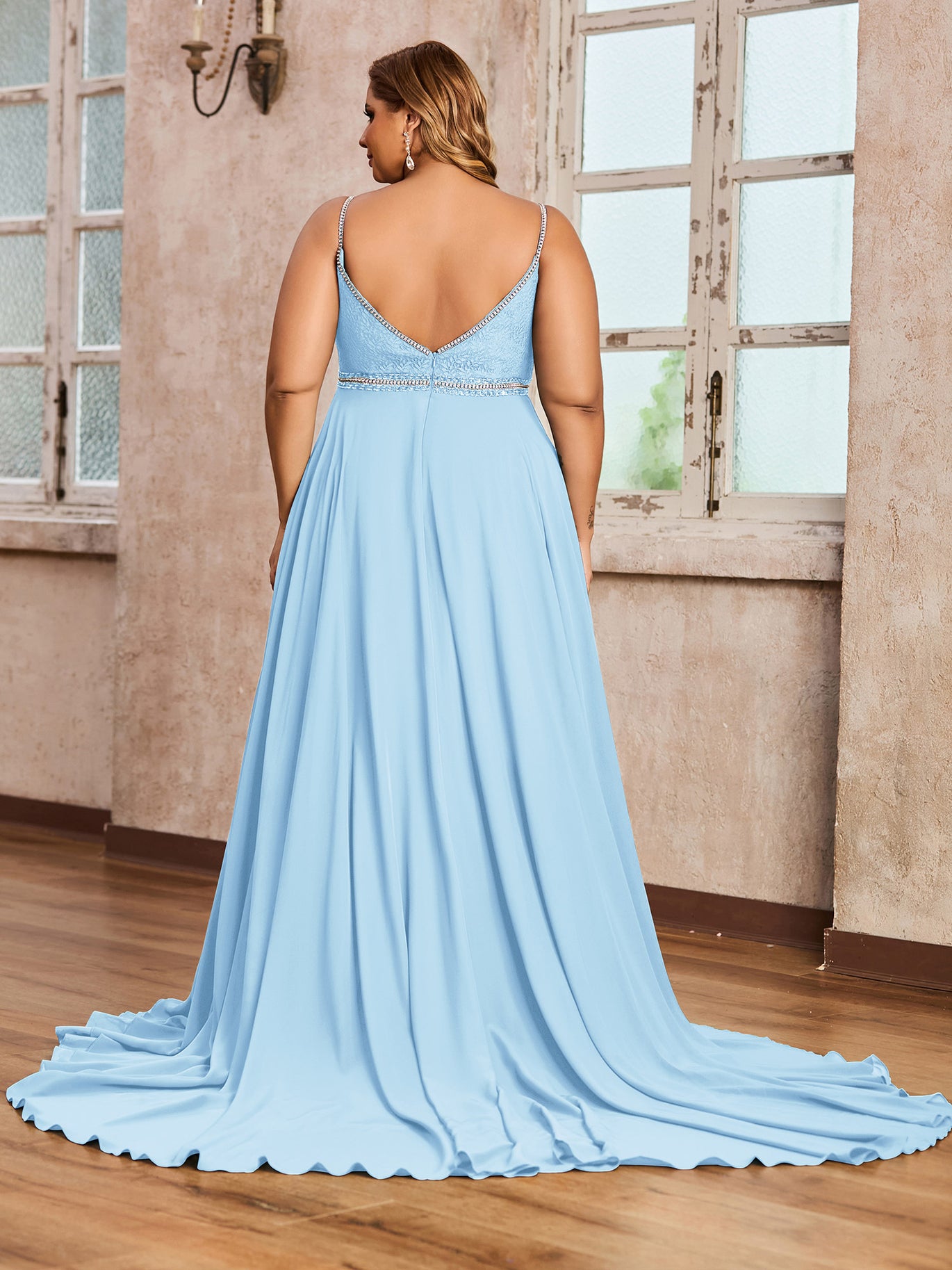 BABARONI Spaghetti Strap Lace and Chiffon Gown-Sky Blue Plus Size, Sky Blue / US18