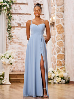 Sweetheart Neck Spaghetti Straps Chiffon Dresses with Slit Dusty Blue