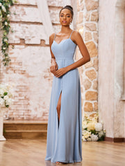 Sweetheart Neck Spaghetti Straps Chiffon Dresses with Slit Dusty Blue