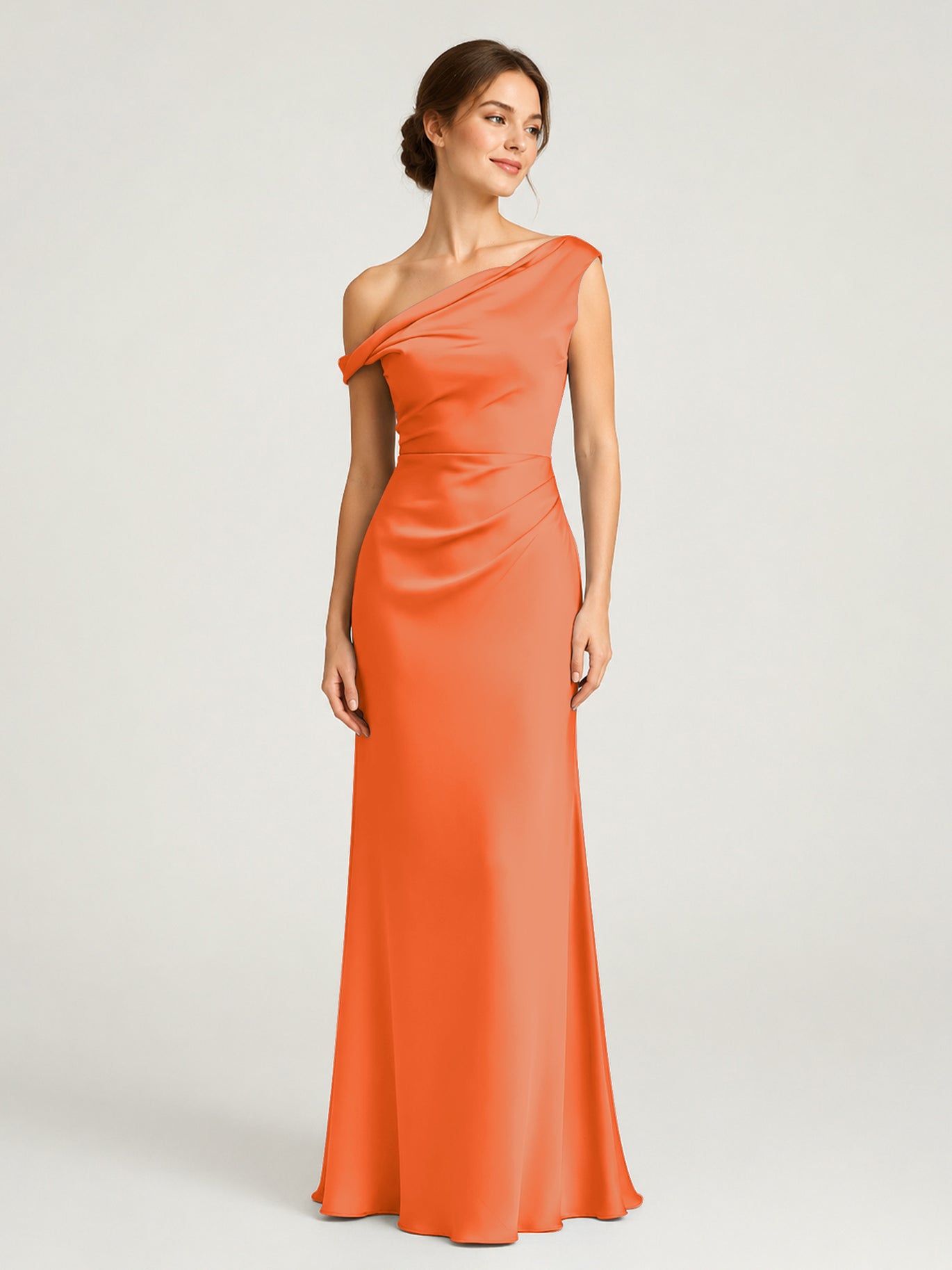 Acetate Satin Burnt Orange Bridesmaid Dresses Sleeveless Floor-length One Shoulder Column, Burnt Orange / US0