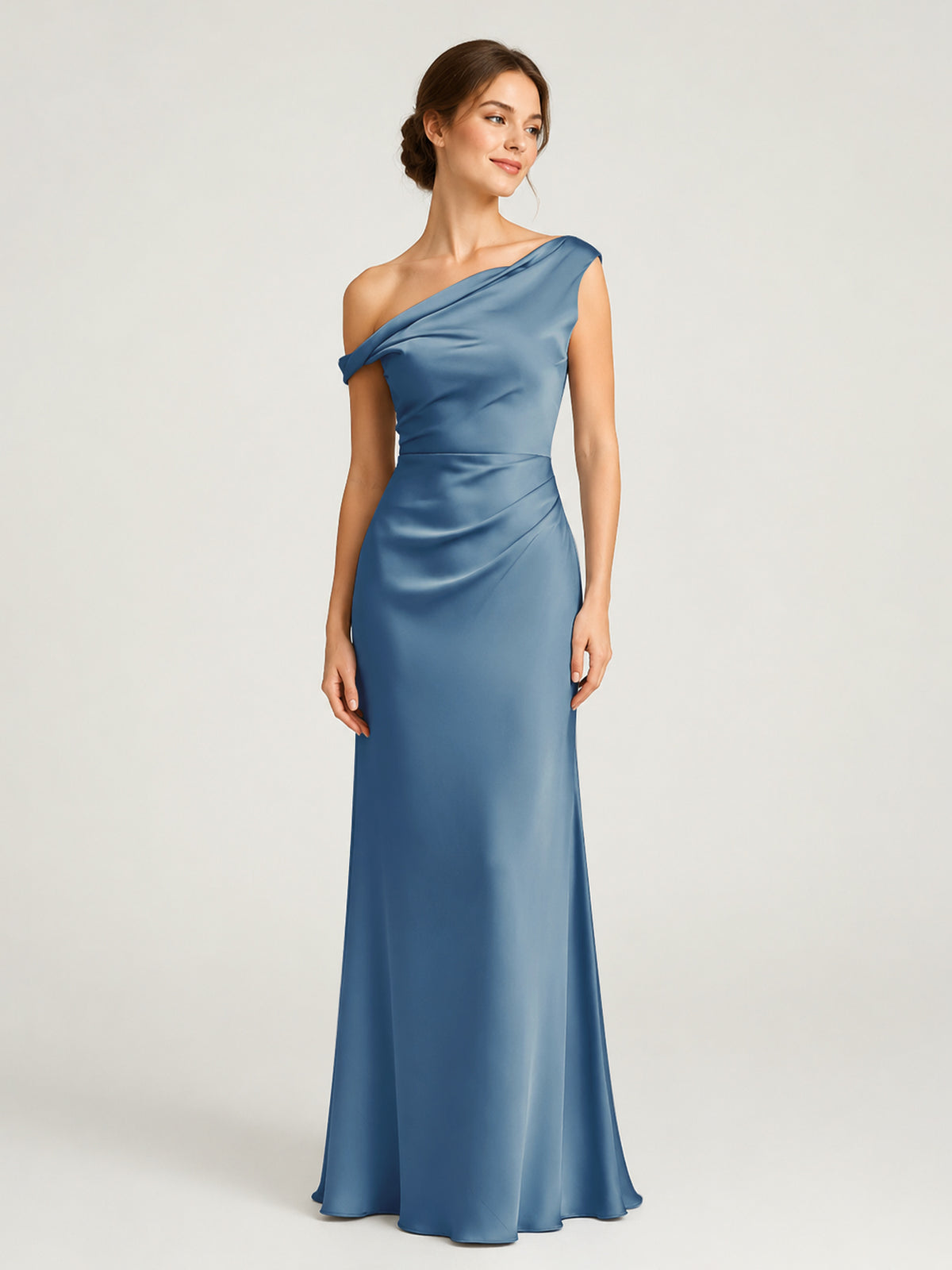 slate blue satin dress Acetate Bridesmaid Dresses Sleeveless Floor-length One Shoulder Column, Slate Blue / US0 adjustable fit for a US WOMEN SIZE:7.5 CATEGORY: DRESSWEAR Blonde woman in black