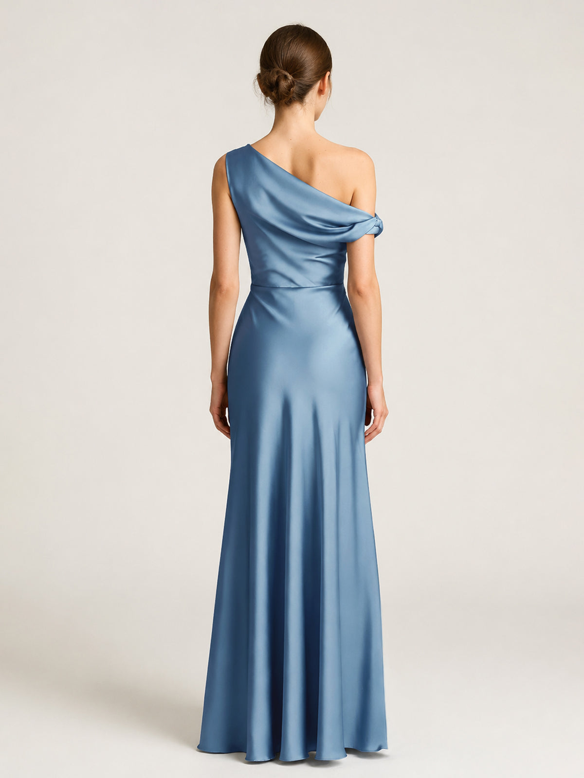 Acetate Satin Slate Blue Bridesmaid Dresses Sleeveless Floor-length One Shoulder Column, Slate Blue / US0