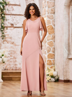 A-line Spaghetti Straps Cowl Neck Chiffon Dresses with Slit Dusty Rose