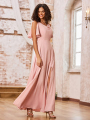 A-line Spaghetti Straps Cowl Neck Chiffon Dresses with Slit Dusty Rose