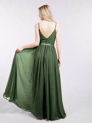 Spaghetti Strap Chiffon Bridesmaid Dress-Olive Green