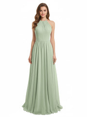 Halter Long Chiffon Gowns with Double Straps-Dusty Sage
