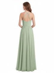 Halter Long Chiffon Gowns with Double Straps-Dusty Sage