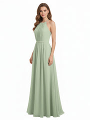 Halter Long Chiffon Gowns with Double Straps-Dusty Sage