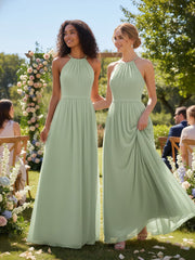 Halter Long Chiffon Gowns with Double Straps-Dusty Sage