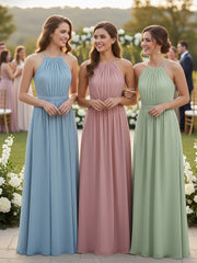 Halter Long Chiffon Gowns with Double Straps-Dusty Sage