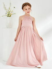 BABARONI Chiffon Blushing Pink Junior Bridesmaid Dresses A-line Halter Sleeveless Ruched Floor-length, Blushing Pink / J4