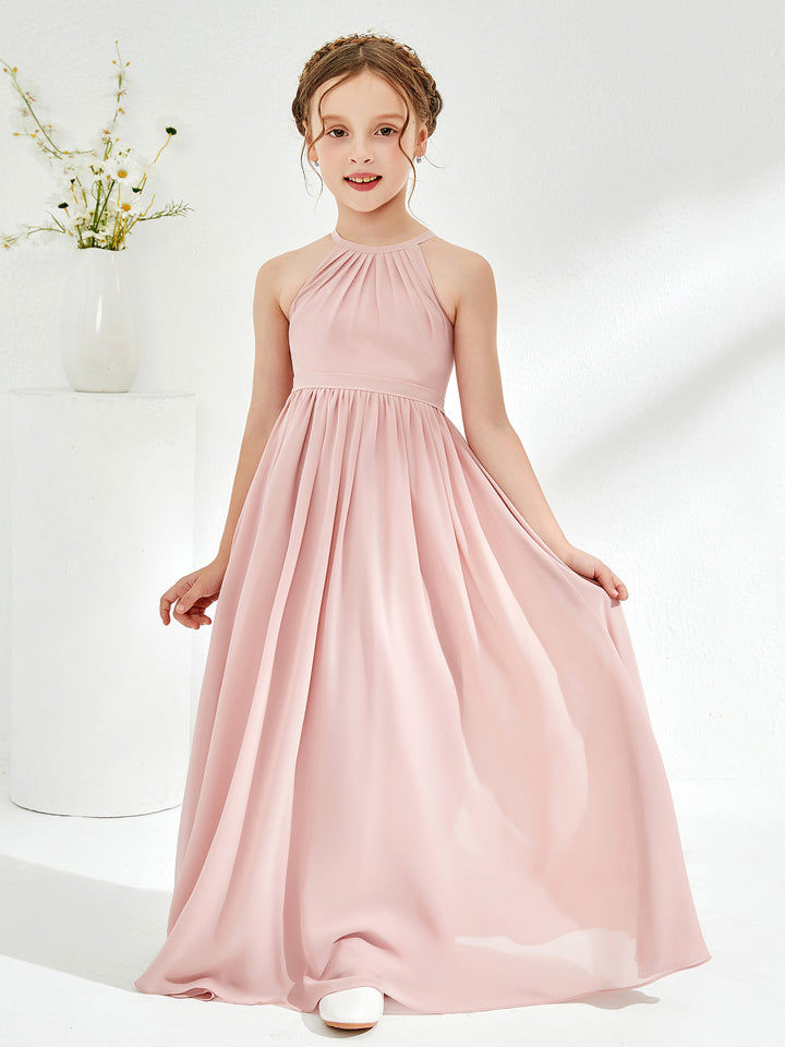 Flowy Chiffon A-Line Long Junior Bridesmaid Dresses Fuchsia