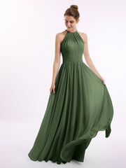 Halter Long Chiffon Gowns with Double Straps-Olive Green Plus Size