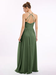 Halter Long Chiffon Gowns with Double Straps-Olive Green