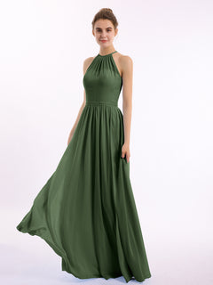 Halter Long Chiffon Gowns with Double Straps-Olive Green