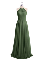 Halter Long Chiffon Gowns with Double Straps-Olive Green Plus Size