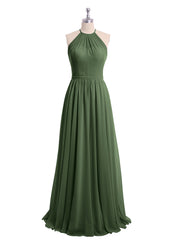 Halter Long Chiffon Gowns with Double Straps-Olive Green