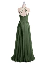 Halter Long Chiffon Gowns with Double Straps-Olive Green
